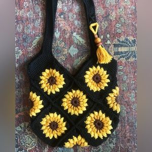 Sunflowers and tassels, handmade crochet tote